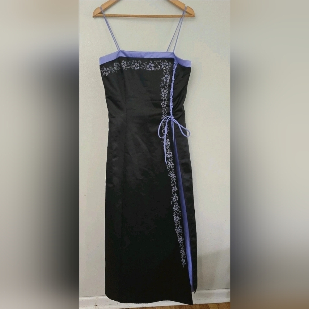 Prom Dress Maxi Gown Purple Black Bead Y2K Floral Delvt Sz 13  Fairy FLAWS